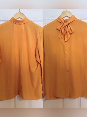 Christian Dior  Back Button Tie‑Neck Blouse Peach Cantaloupe Satin  size 8